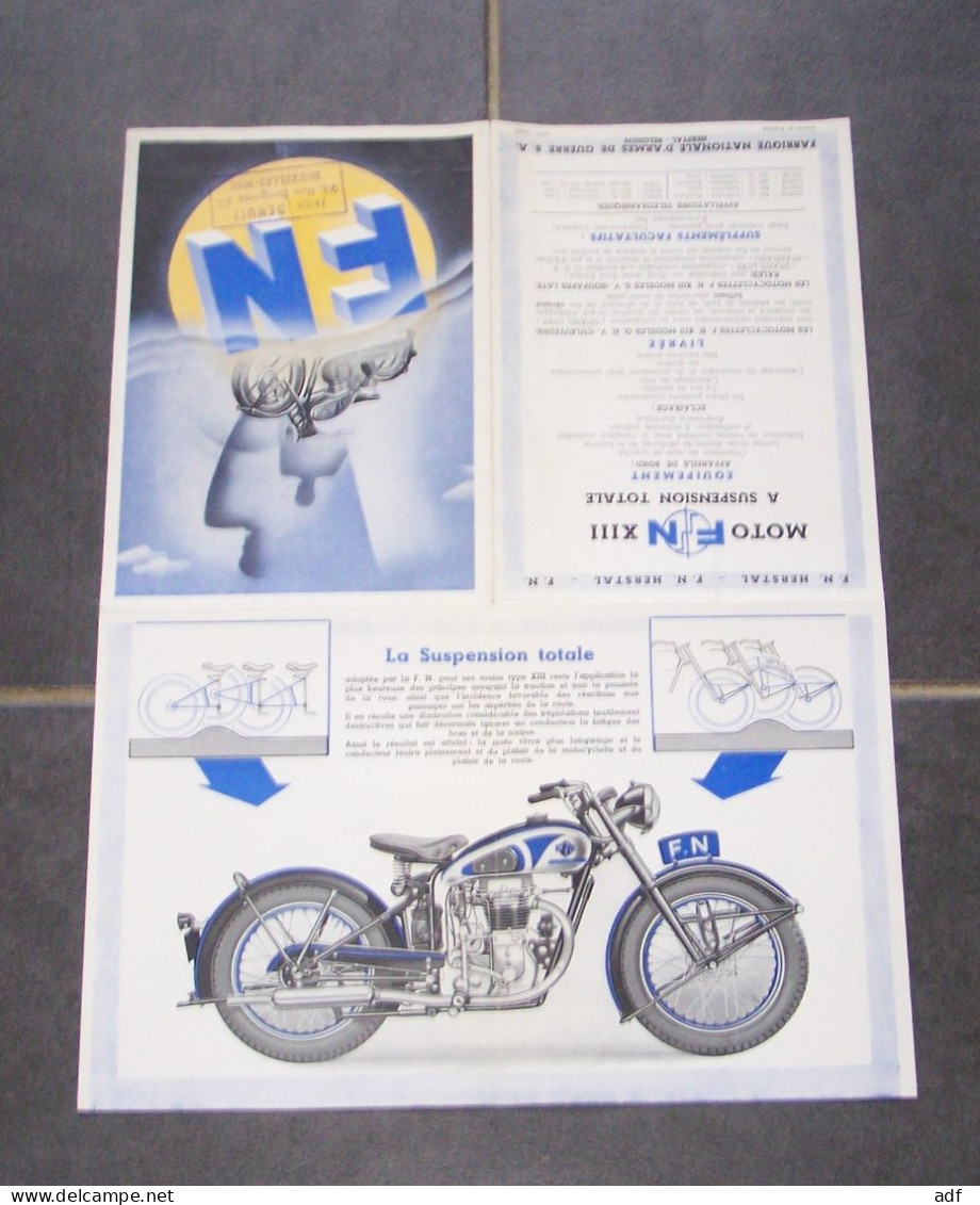 ANCIEN DEPLIANT PUB MOTO MOTOS FN XIII, LUXE, STANDARD, SIDECAR, FABRIQUE NATIONALE D'ARMES, HERSTAL LEZ LIEGE - Moto