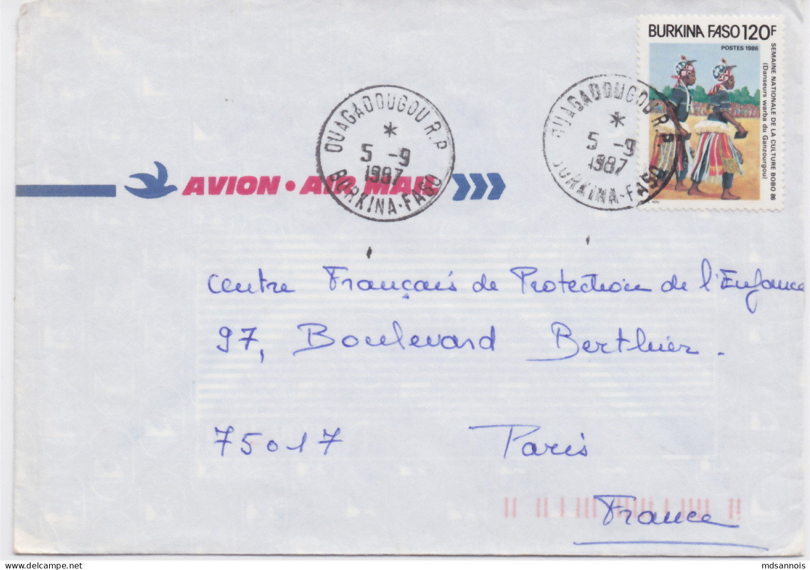 Enveloppe De Ouagadougou 5 Septembre 1987 Pour Paris  Par Avion - Burkina Faso (1984-...)