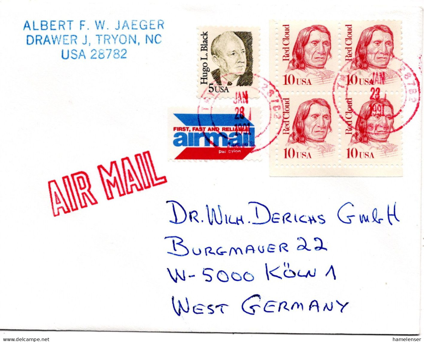 76325 - USA - 1991 - 10¢ Red Cloud 田 MiF A LpBf TRYON, NC -> Deutschland - Briefe U. Dokumente