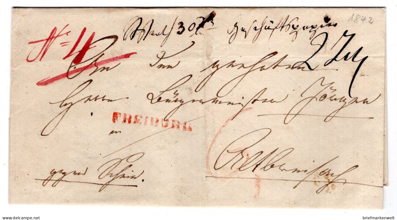 Baden 1842 Freiburg Dekor. Taxierter Dienstbrief (T9759 - Other & Unclassified