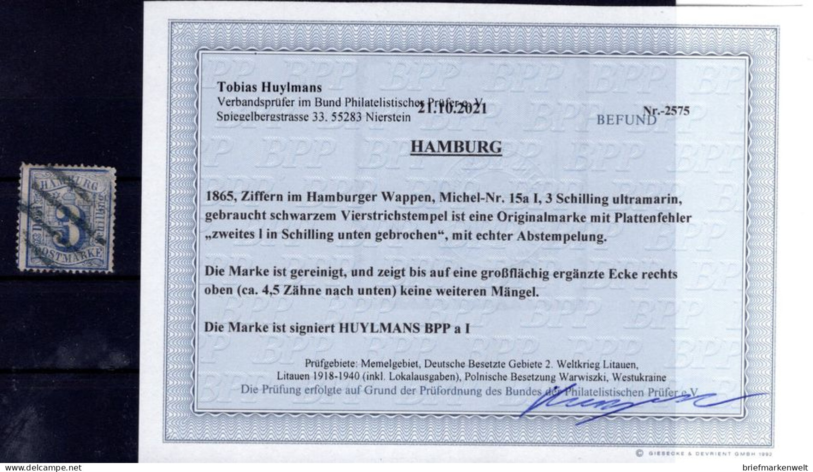 Hamburg 15aI ABART Gest. BPP Befund 800EUR (K2429 - Hamburg