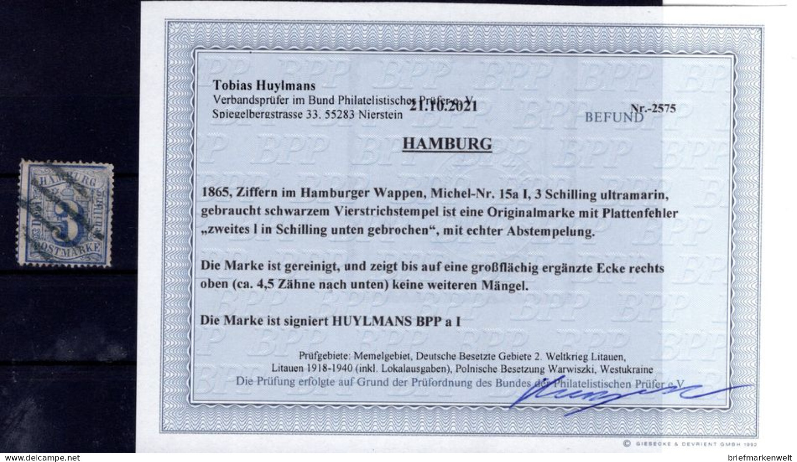 Hamburg 15aI ABART Gest. BPP Befund 800EUR (K2429 - Hambourg