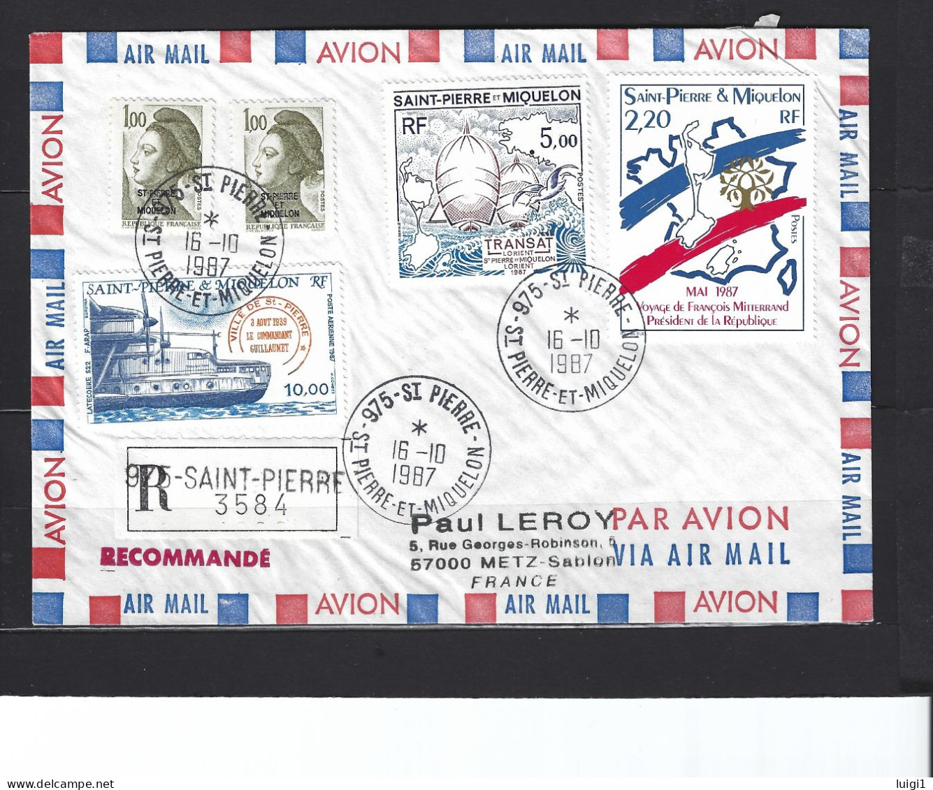 Courrier Philatélique Recommandé Pour La France. En Affranchissement Composé Du16-10-1987- 975 St Pierre Et Miquelon. TB - Covers & Documents