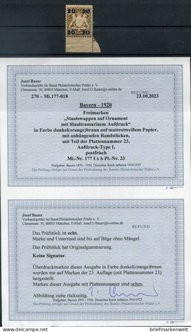 Bayern 177Ixb Mit Teil-PlNr ** MNH POSTFRISCH BPP Befund -,-EUR (T8044 - Andere & Zonder Classificatie