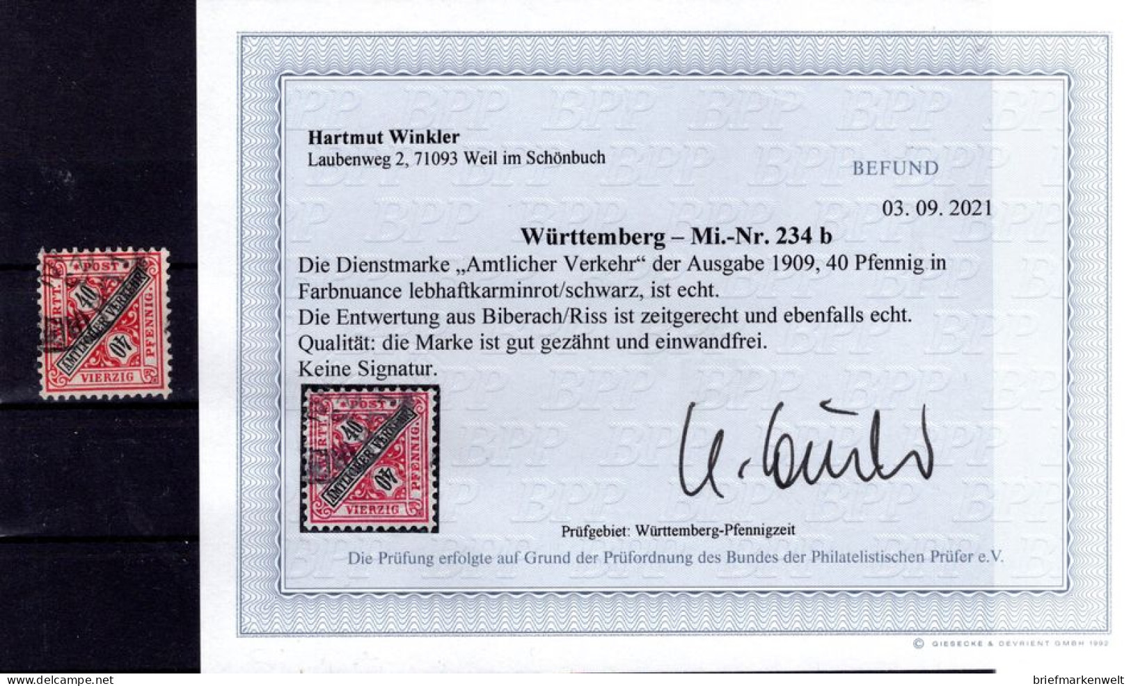 Württemberg 234b FARBSELTENHEIT Gest. BPP Befund 300EUR (K7207 - Altri & Non Classificati