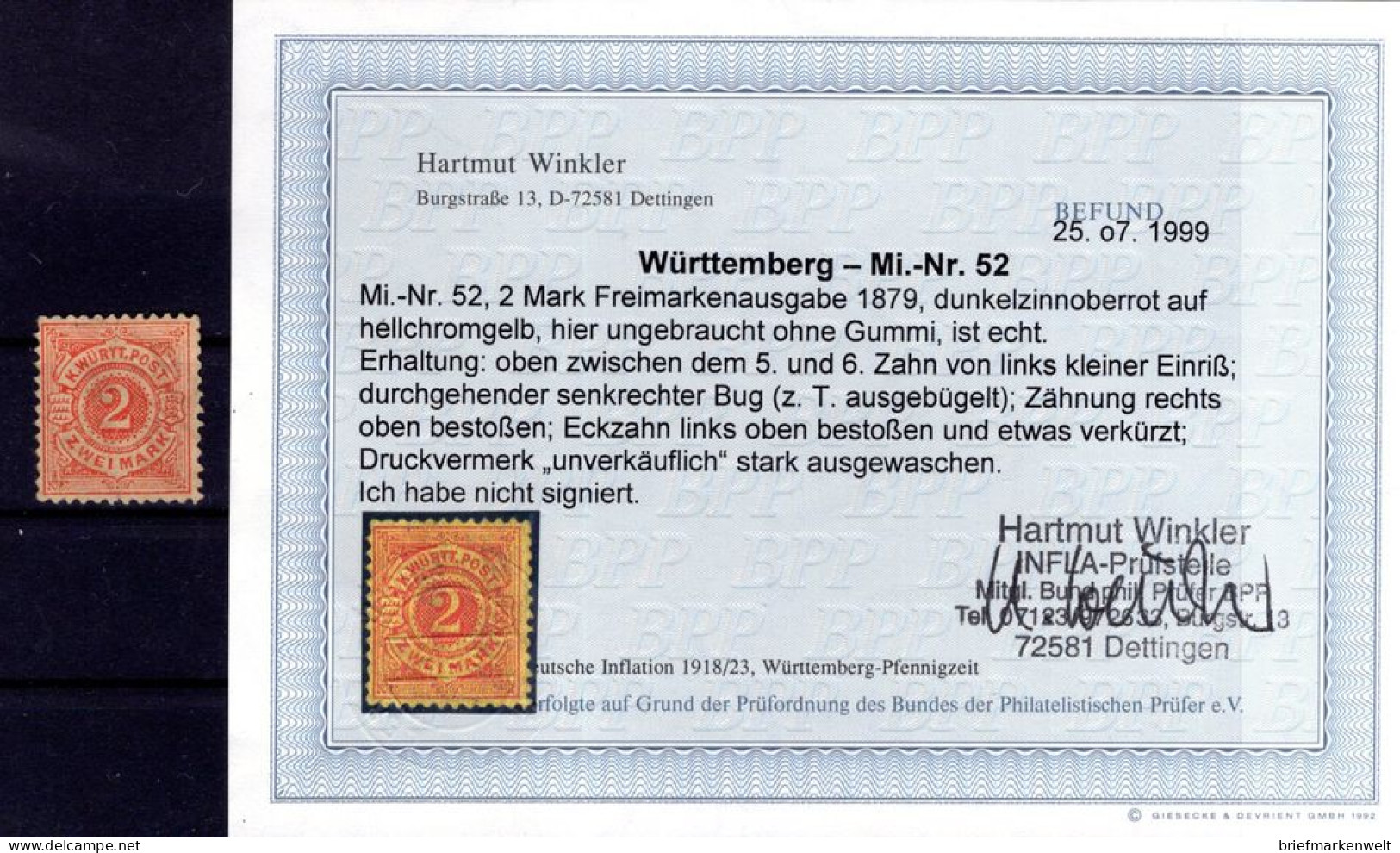 Württemberg 52 Ungummiert * MH BPP BEFUND 1000EUR (T7838 - Altri & Non Classificati