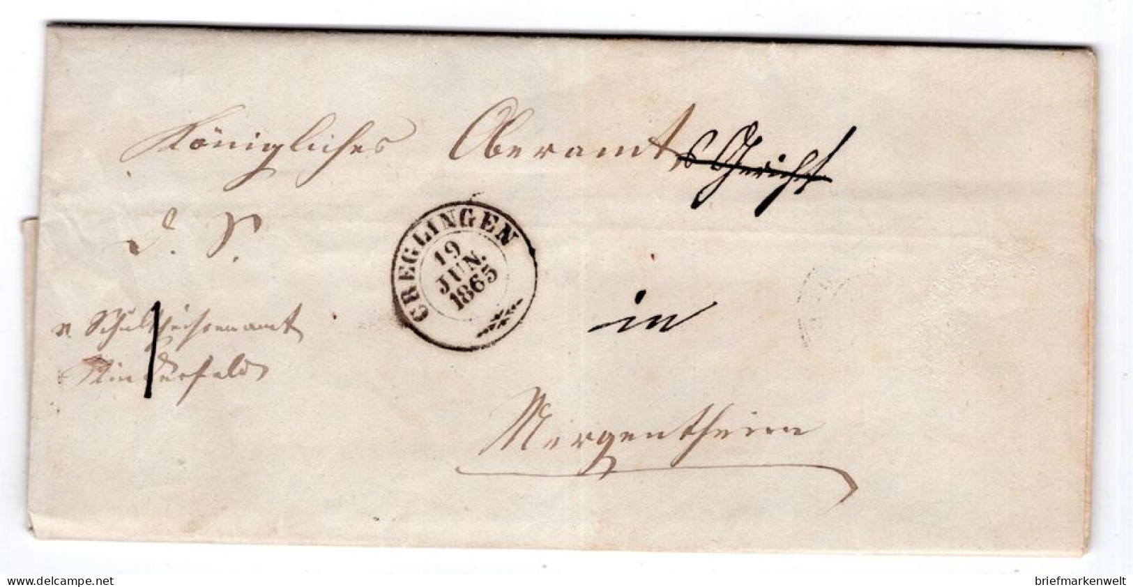 Württemberg 1865 CREGLINGEN Nach Mergentheim Dienstbrief  (T9776 - Other & Unclassified