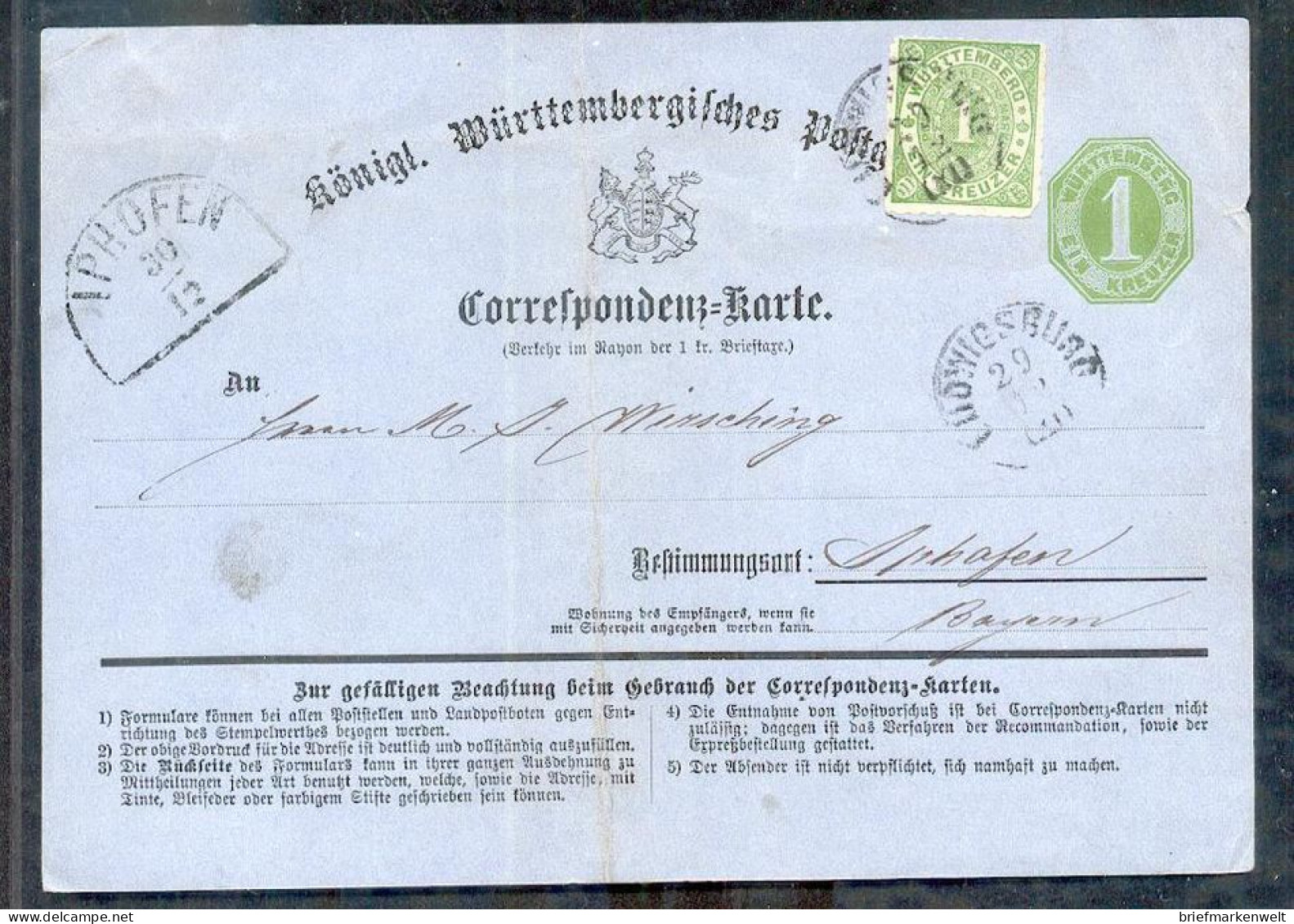 Württemberg GA+36 Von LUDWIGSBURG Nach APHOFEN (11850 - Other & Unclassified