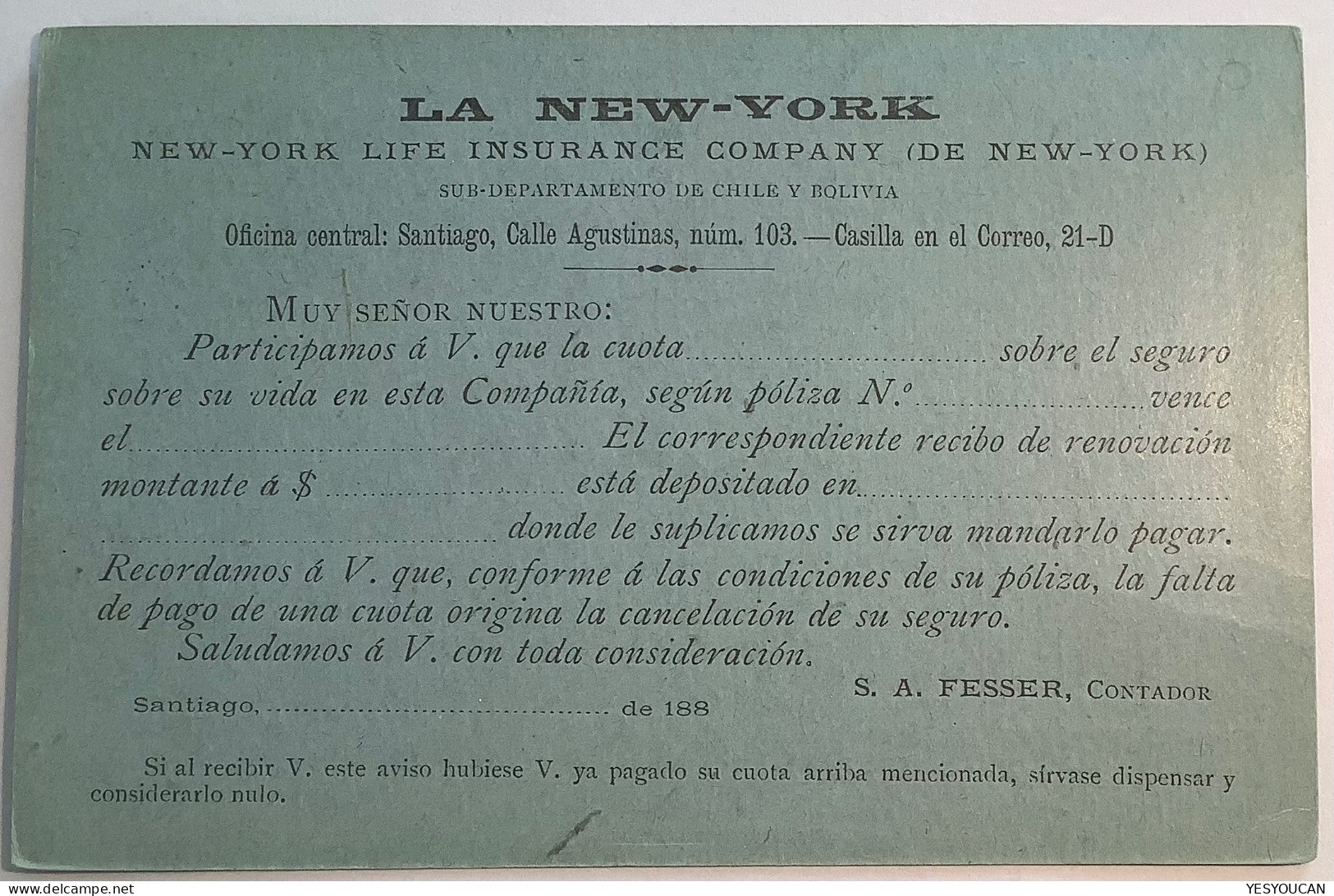 ADVERT NEW YORK LIFE INSURANCE On Chile 1892 SANTIAGO PRIMERA HORA  3c UPU Postal Stationery Card (entier Postal - Chili