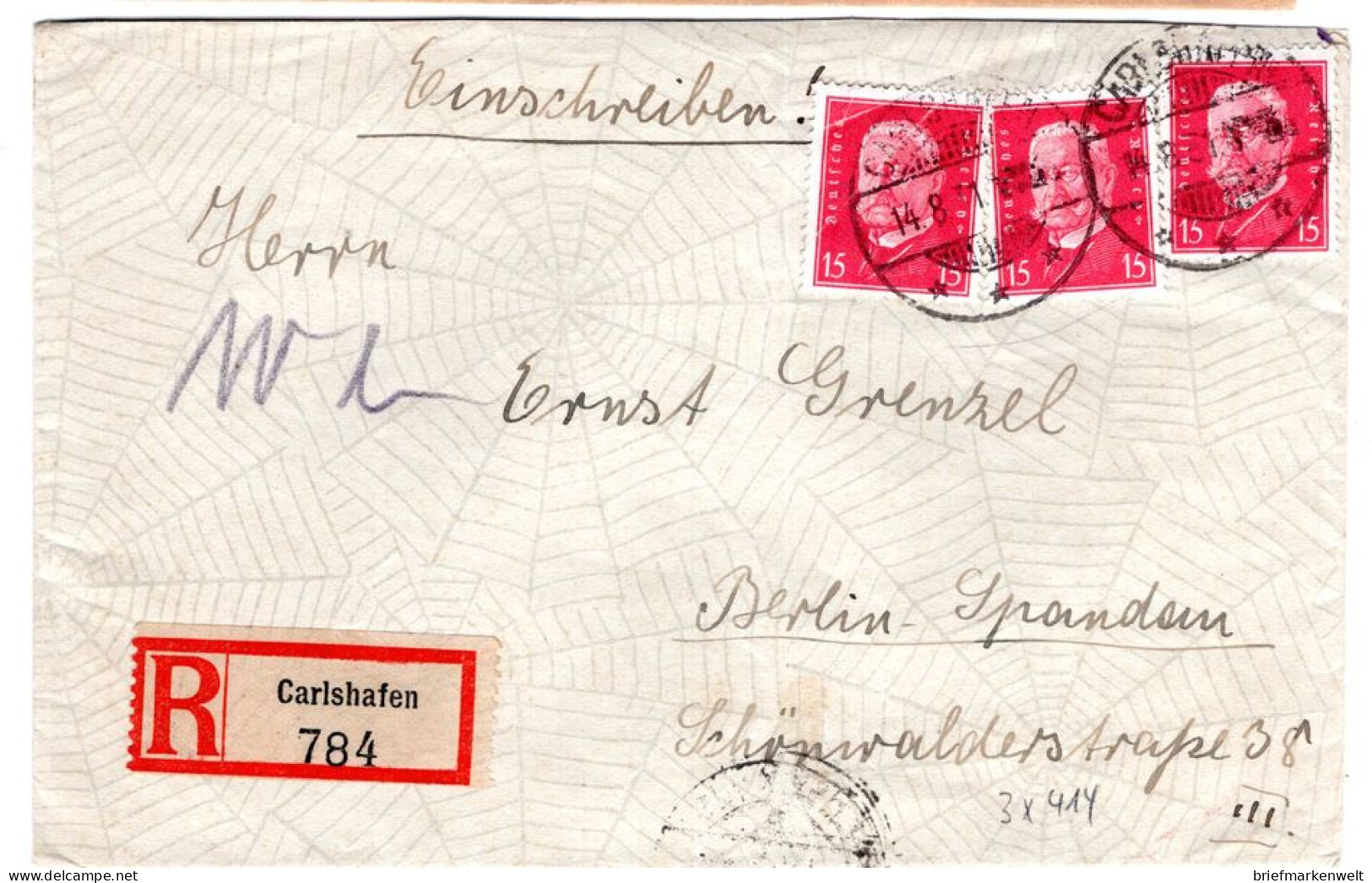 DR-Weimar CARLSHAFEN Prächtige Verschlussoblate Rücks.a R-Brief (AA2430 - Otros & Sin Clasificación