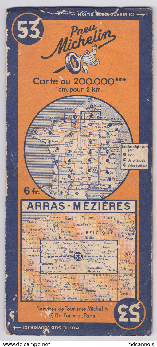 Carte Michelin Révisée En 1939 Arras Mézières N° 53 Port 100g - Strassenkarten
