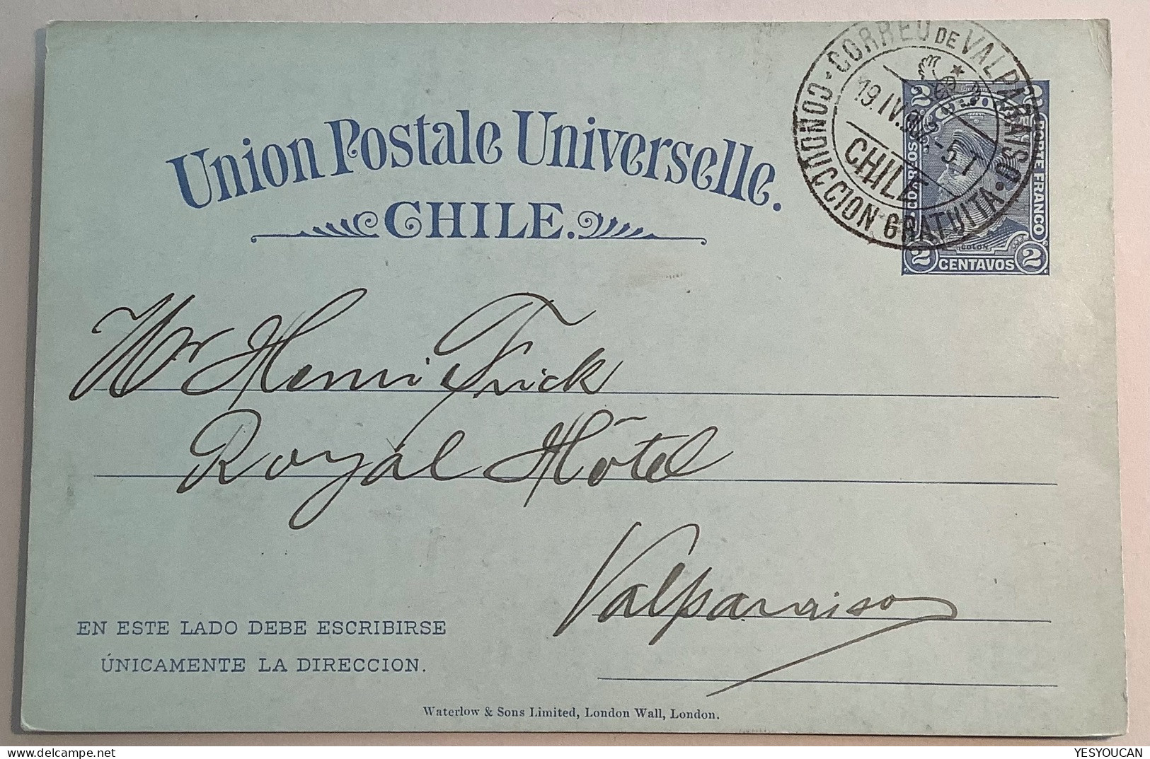 Chile 1902 VALPARAISO CONDUCCION GRATUITA 2c UPU Postal Stationery Card (entier Postal - Chile