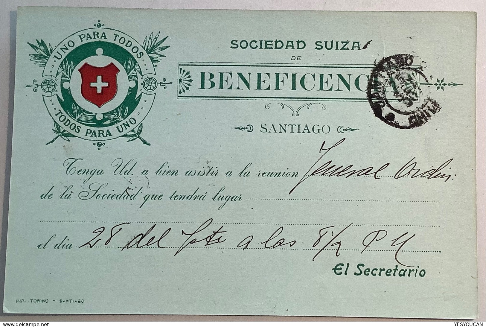 ADVERT: SOCIEDAD SUIZA Chile ~1900 SANTIAGO 1c Postal Stationery Card (entier Postal Schweizer Heimat Verein Schweiz - Chili