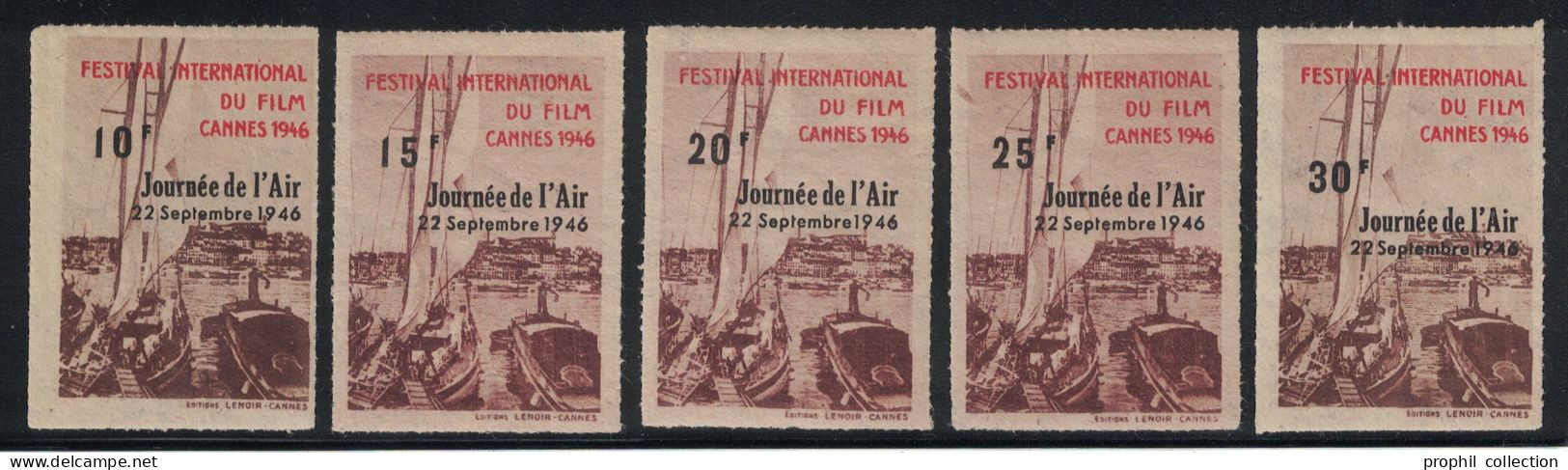 LOT SÉRIE De 5 VIGNETTES JOURNÉE DE L'AIR CANNES 1946 FESTIVAL DU FILM THÈME POSTE AÉRIENNE AVIATION AVION - Aviazione