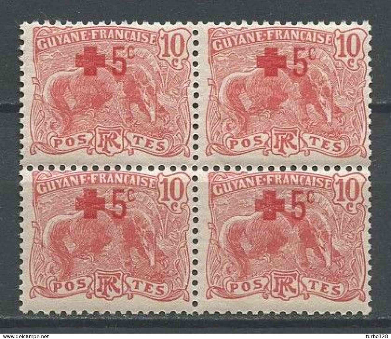 GUYANE 1915 N° 74 ** Bloc De 4 Neuf MNH Superbe C 14 € + Croix Rouge Red Cross Faune Animaux - Neufs