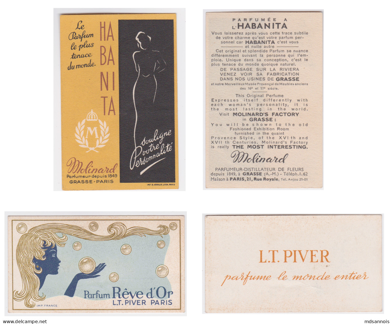 Lot 2 Cartes Parfumées HABANITA Molinard Grace Et Parfum Rêve D’Or LT Piver Paris - Antiquariat (bis 1960)