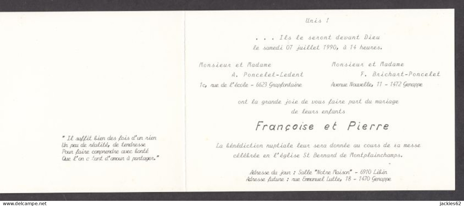 129957CL/ Mariage, Françoise Et Pierre, Genappe, 1990 - Huwelijksaankondigingen