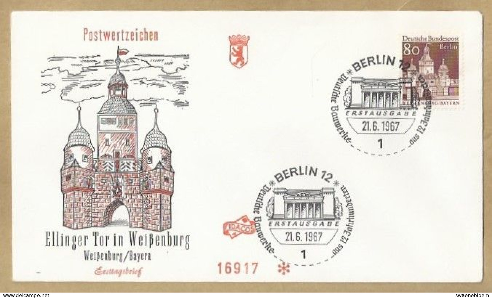 DE.- ERSTTAGSBRIEF. ELLINGER TUR IN WEISSENBURG. DEUTSCHE BAUWERKE AUS 12 JAHRHUNDERTEN. ERSTAUSGABE 21.6.1967. FDC. - 1948-1970