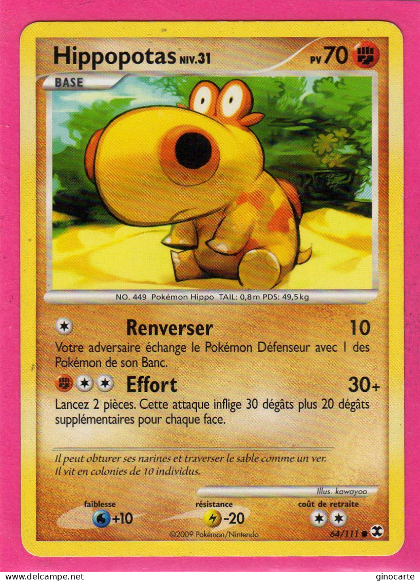 Carte Pokemon 2009 Platine Rivaux Emmergeants 64/111 Hippopotas 70pv Bon Etat - Platine