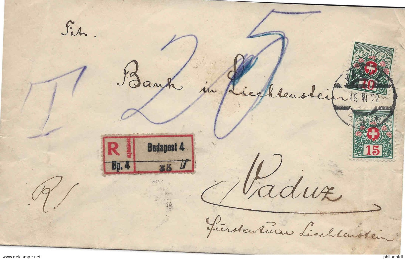 FL - Vaduz 16.6.1922 Mit CH Schweiz Porto 10 Und 15Rp. Auf Reko - Brief Aus Ungarn Hongrie. Timbres Taxes Suisses - Segnatasse