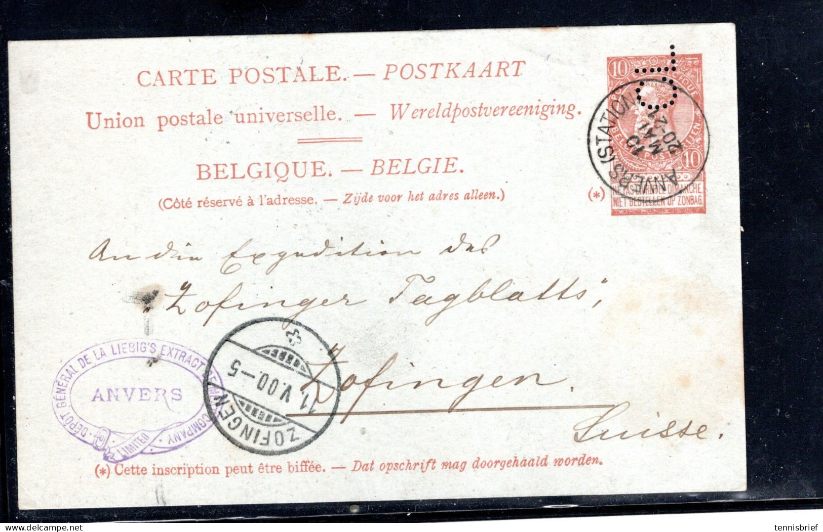 1900, Perfin " CL " En  Entier 10 C.  -Credit Lyonais  ?- Mais  " LIEBIG  " " ANVERS " #1501 - 1863-09