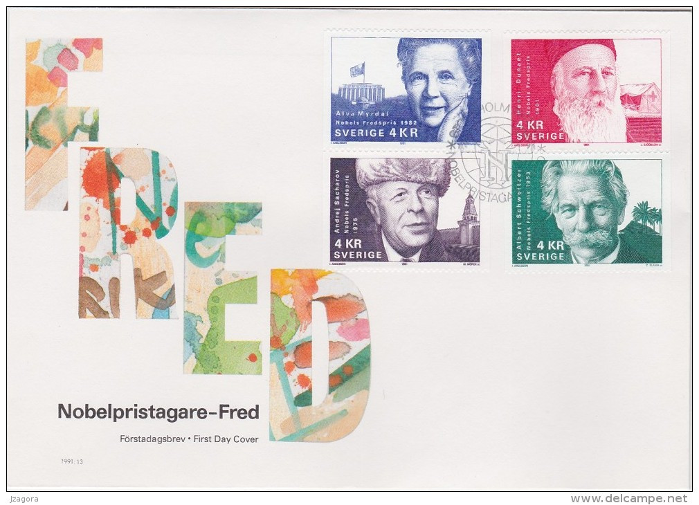 PRIX NOBEL PRIZE NOBELPREIS PAIX PEACE FRIEDEN SACHAROW DUNANT SCHWEITZER MYRDAL SWEDEN 1991 MI 1696 1699  FDC Sacharov - Nobel Prize Laureates