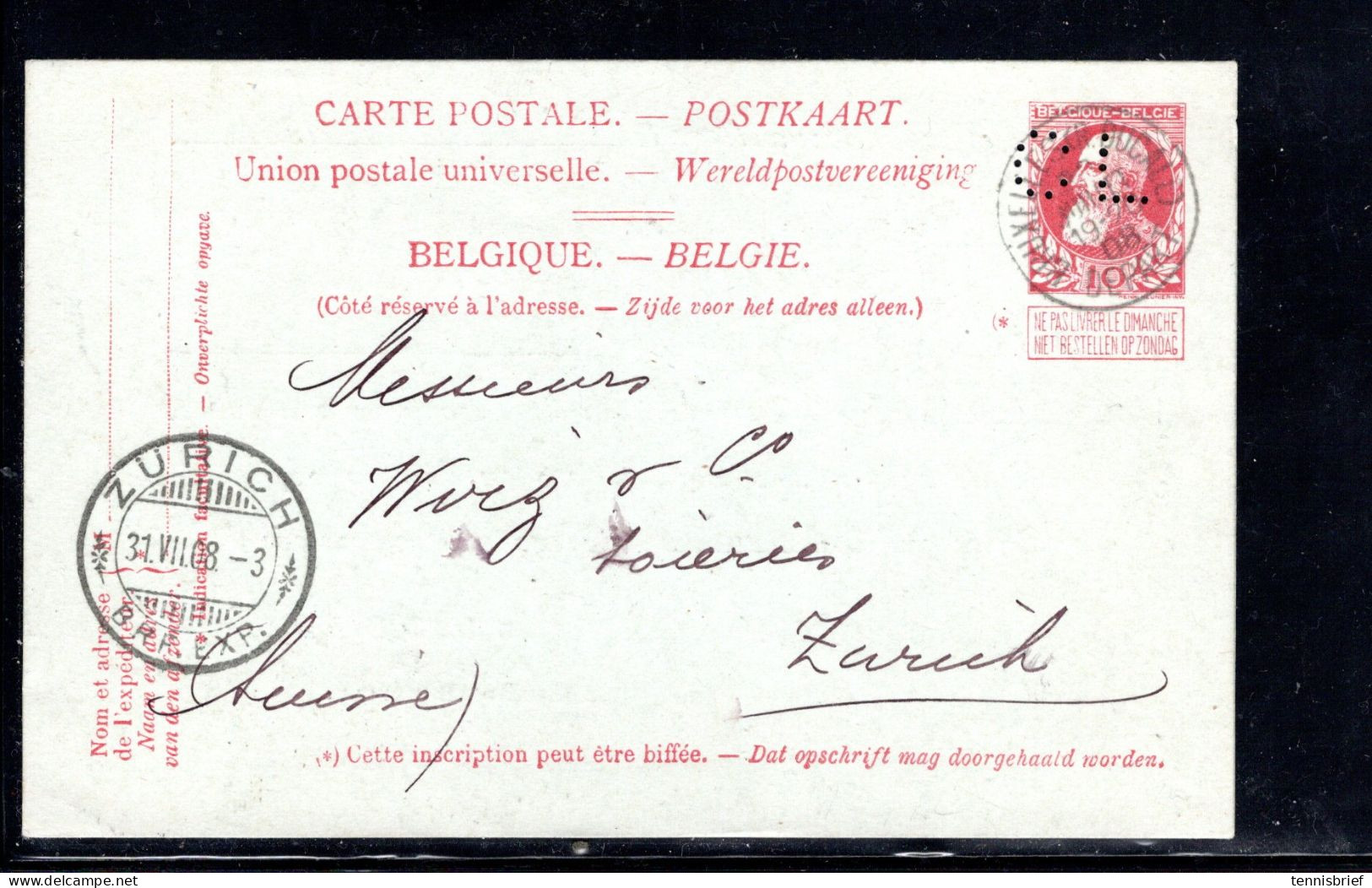 1908, Perfin " CL " En  Entier 10 C.  -  Verso  Credit Lyonais   Imprimee  ,  " BRUXELLES "  Gros Barbe  #1501 - 1863-09