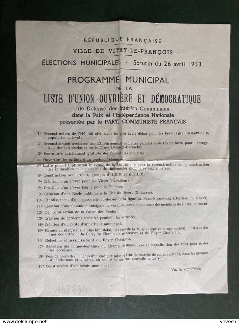 PROGRAMME MUNICIPAL DE LA LISTE D'UNION OUVRIERE ET DEMOCRATIQUE VITRY LE FRANCOIS (51) ELECTIONS 26 AVRIL 1953 - Programmes