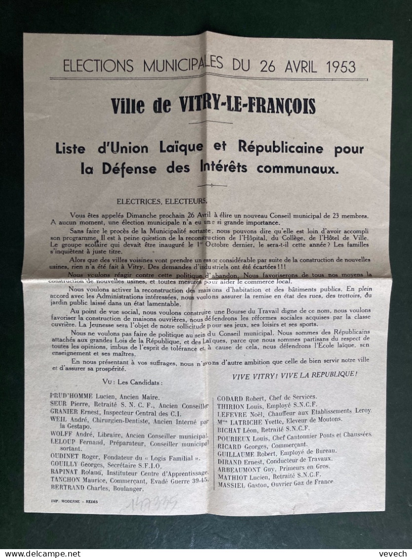 PROGRAMME LISTE D'UNION LAIQUE ET REPUBLICAINE VITRY LE FRANCOIS (51) ELECTIONS 26 AVRIL 1953 - Programmes