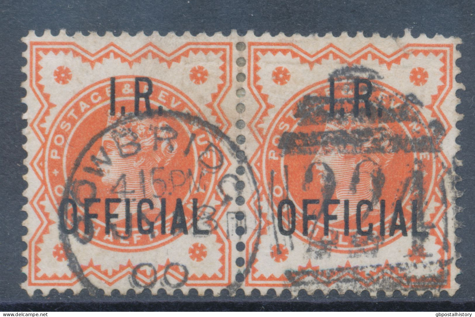 GB OFFICIALS QV ½d Orange Jubilee W Overprint „I.R. / OFFICIAL“ Superb Used Pair With Duplex Postmark „COWBRIDGE / 224" - Dienstmarken