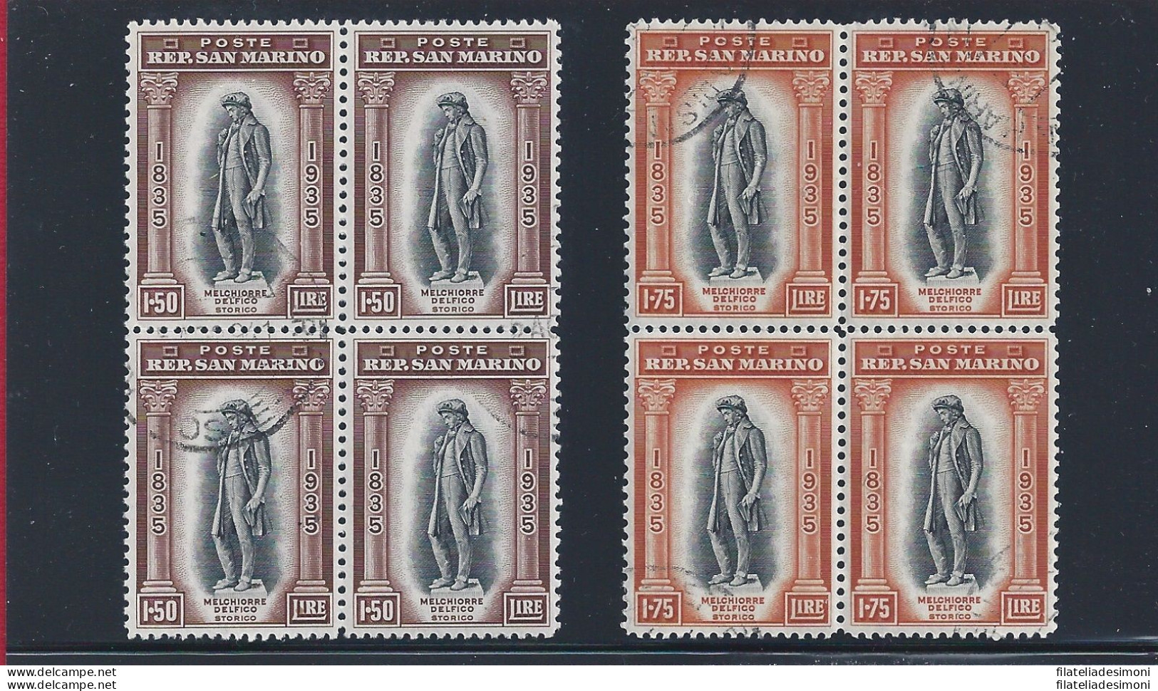 1935 SAN MARINO, N° 193/204  Delfico 12 Valori QUARTINA USATA - Otros & Sin Clasificación