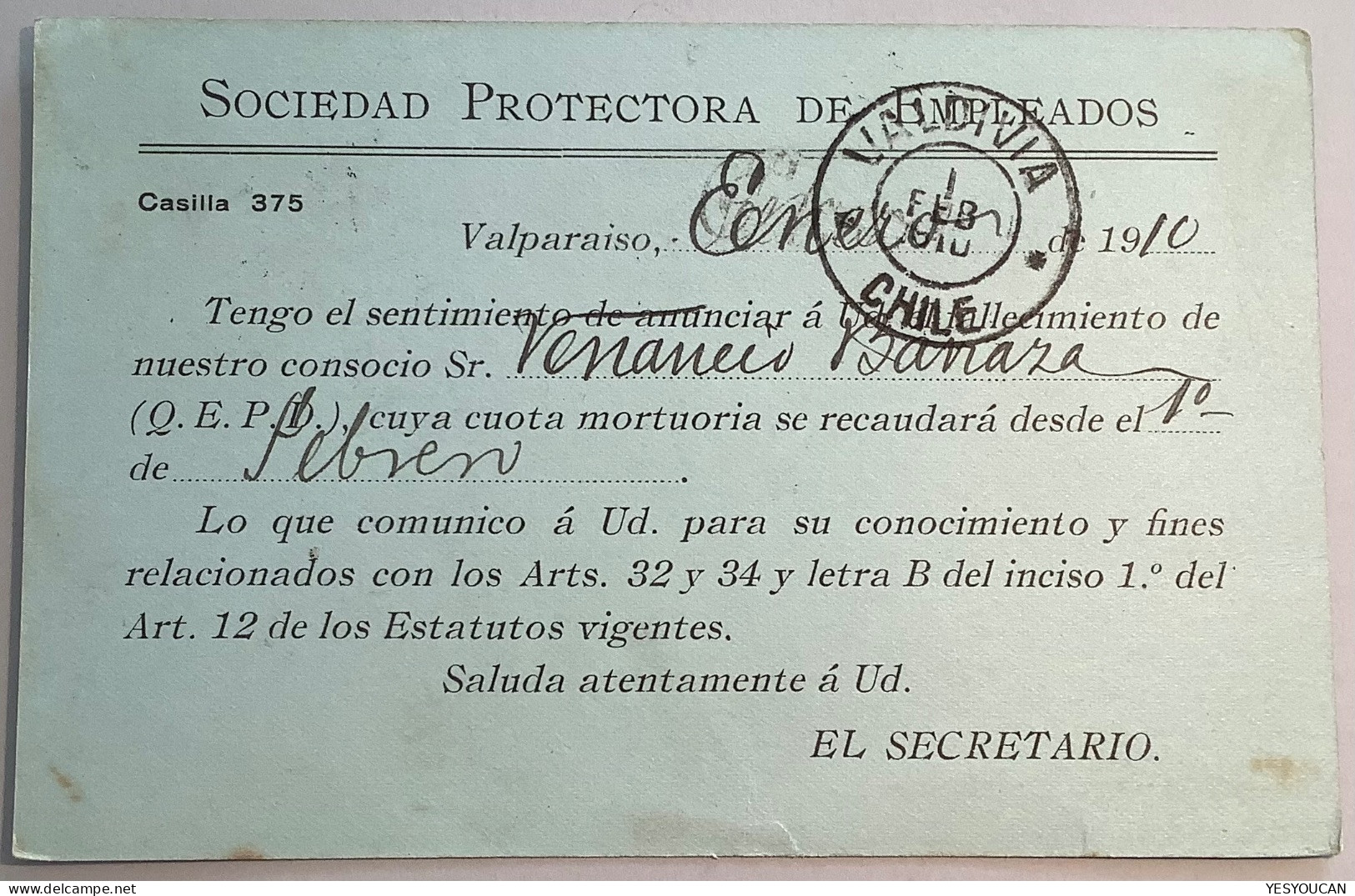 ADVERT: SOCIEDAD PROTECTORA DE EMPLEADOS Chile VALPARAISO 1910 1c Postal Stationery Card>Valdivia (trade Union Syndicat - Chile