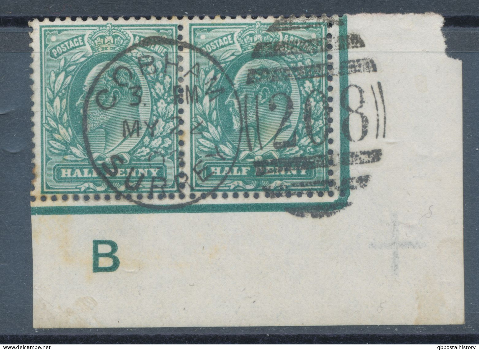 GB „COBHAM / SURREY / 208“ Superb Duplex Postmark On EVII ½d Marginal Corner Control Pair „B“ W Additional CROSS-Waterma - Used Stamps