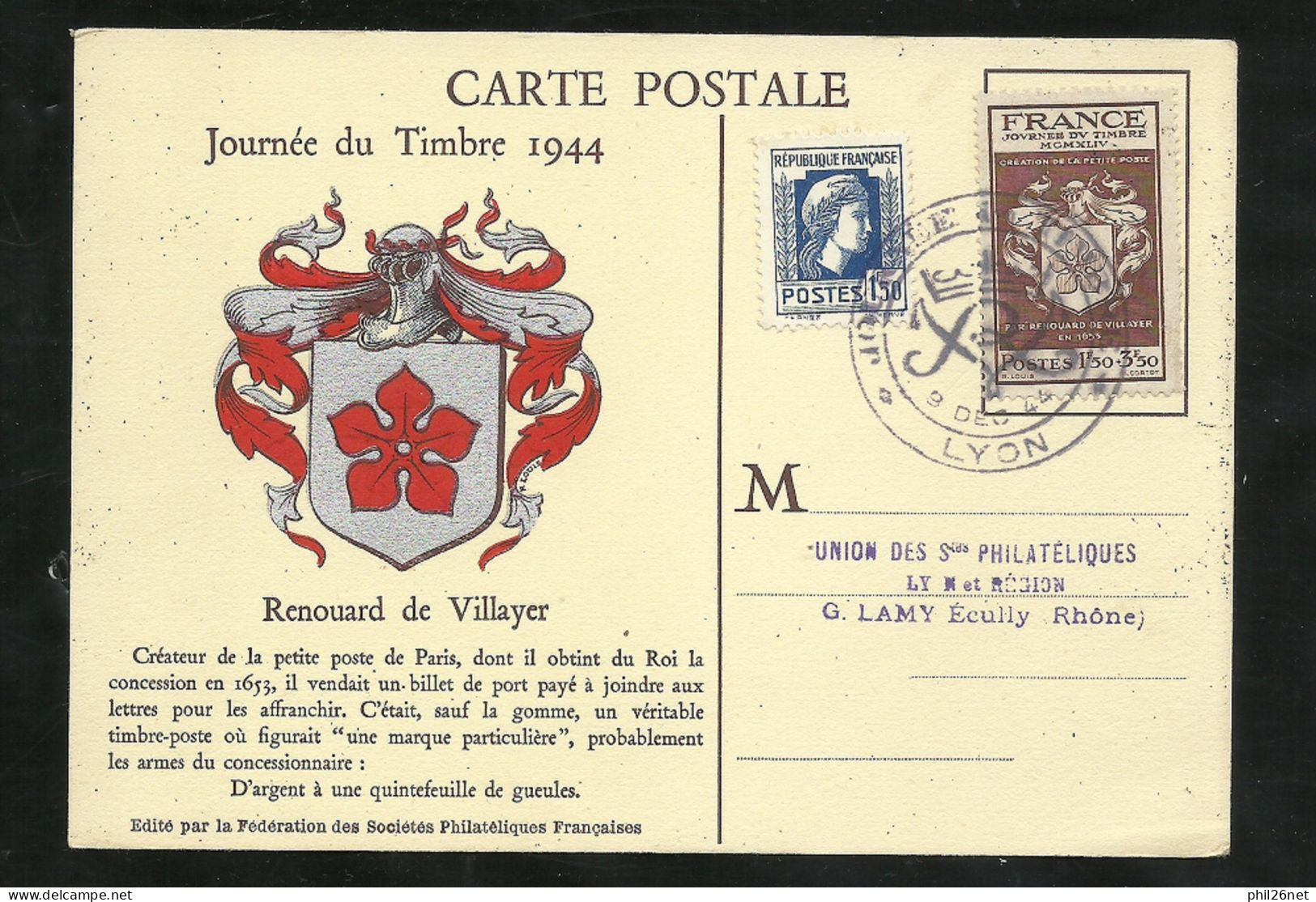 FDC Carte Maximum Premier Jour Lyon Le 09/12/1944 Les N° 668 Et 639 Journée Du Timbre  B/TB  Voir Scans   Soldé ! ! ! - ....-1949