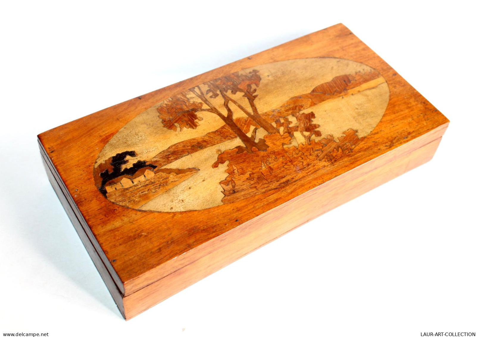 MAGNIFIQUE GRAND COFFRET BOITE MARQUETÉ BOIS SCULPTÉ FAIT MAIN PAYSAGE 28x14x5,5cm / ART DECORATIF ANTIQUE (0603.13b) - Dozen