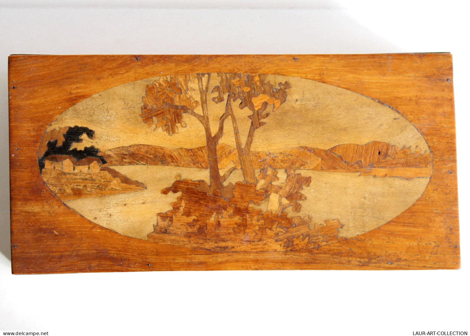 MAGNIFIQUE GRAND COFFRET BOITE MARQUETÉ BOIS SCULPTÉ FAIT MAIN PAYSAGE 28x14x5,5cm / ART DECORATIF ANTIQUE (0603.13b) - Boîtes/Coffrets