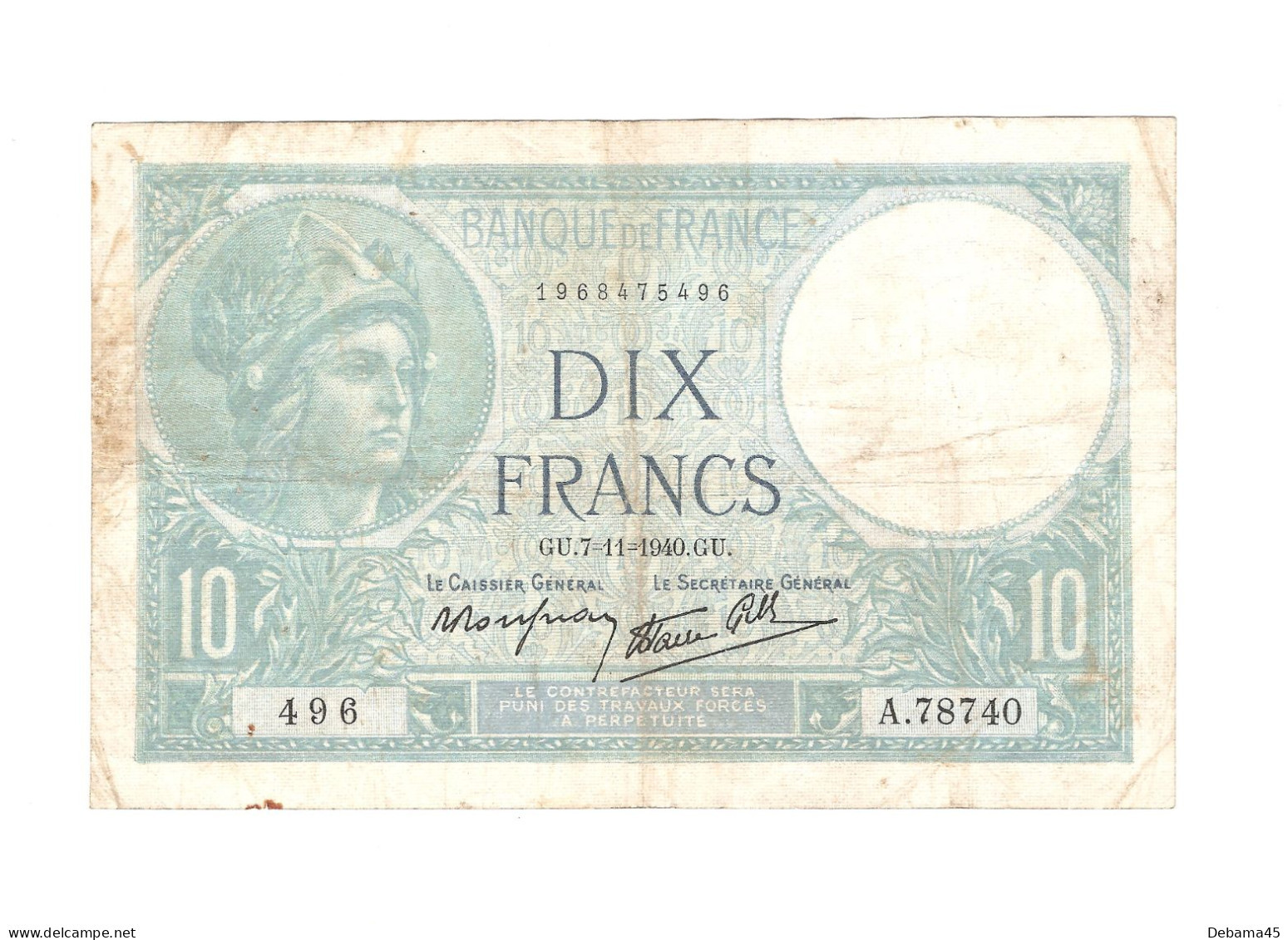 ALB/ABN France : 10 Francs MINERVE - 07/11/1940 - 6 Trous D'épingle, Pliures - 10 F 1916-1942 ''Minerve''