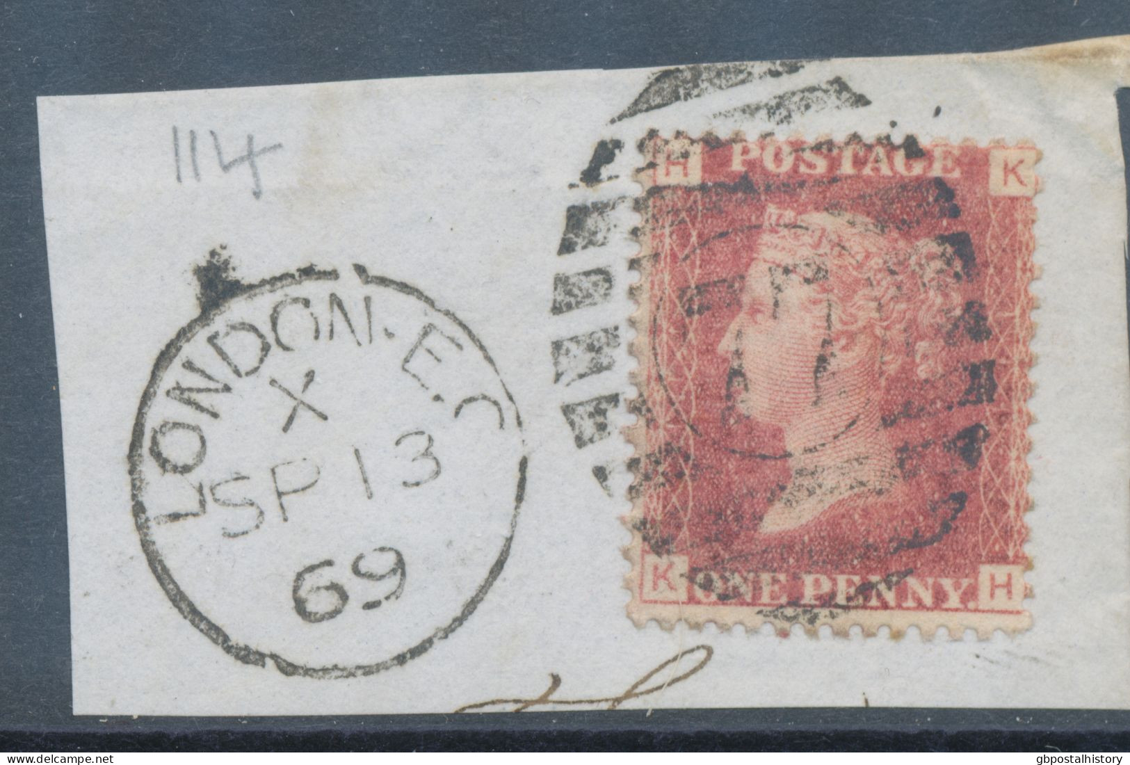 GB QV LE 1d Red-brown Pl.114 (KH) Superb Used On Piece With „LONDON.E.C / 77“ Duplex Postmark (Dubus Type 17), 13.9.1869 - Gebraucht