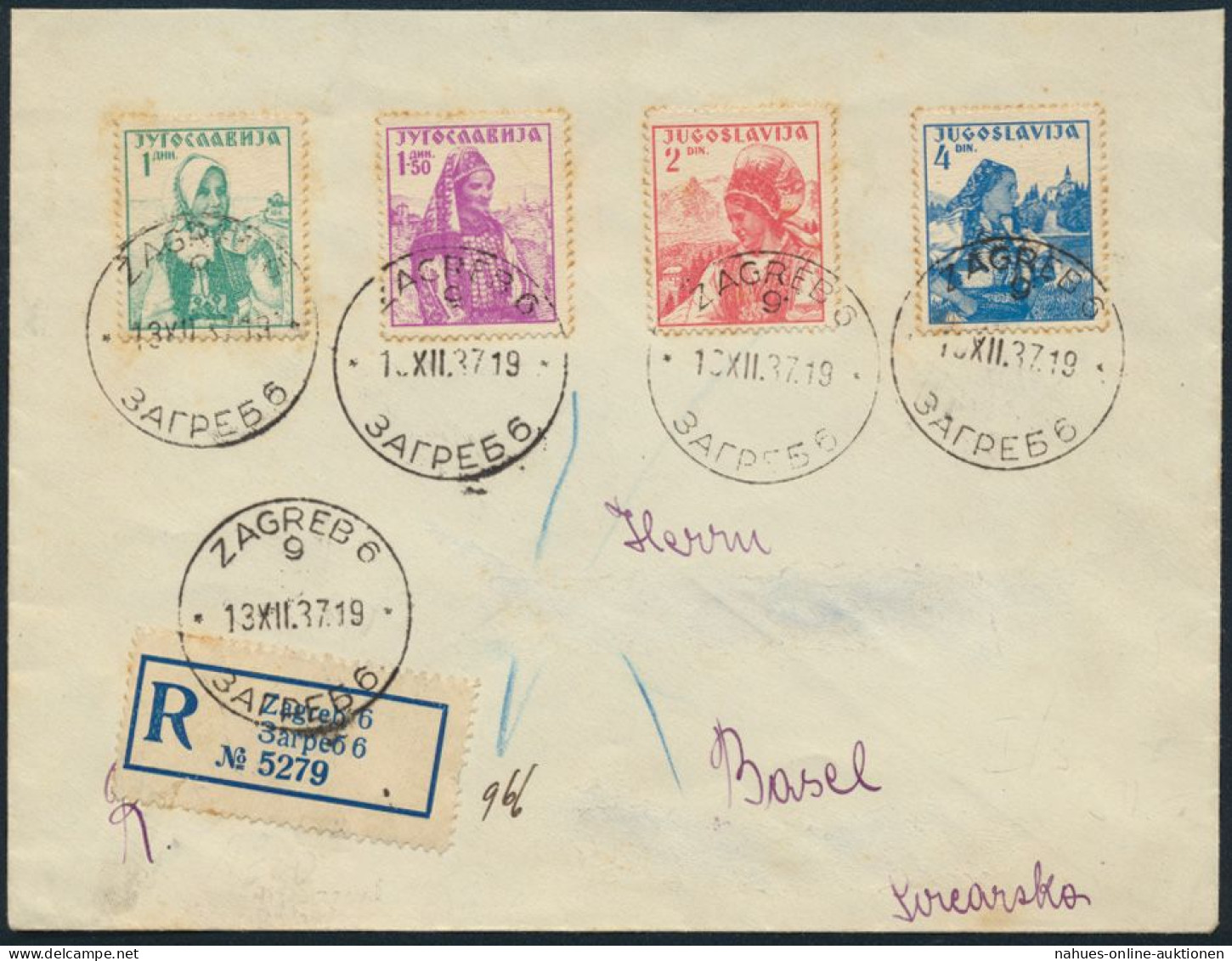Jugoslawien R-Brief MIF Blockeinzelmarken 336-339 Zagreb Nach Basel - Brieven En Documenten