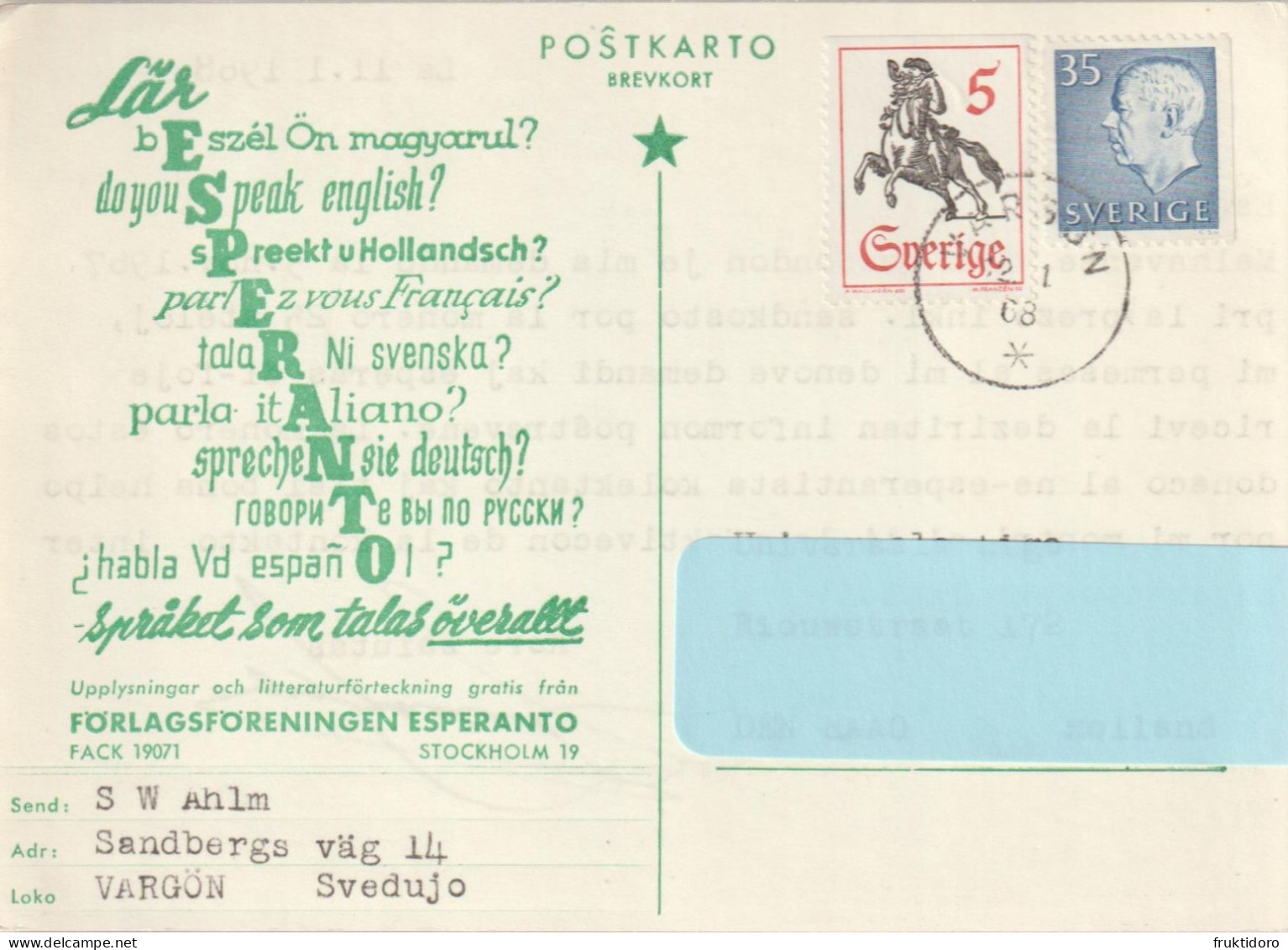 AKEO 136 Esperanto Card From Sweden - Esperanto-karto El Svedio Mi 490 King Gustaf VI Adolf - Mi 590 Post-Rider - Esperanto