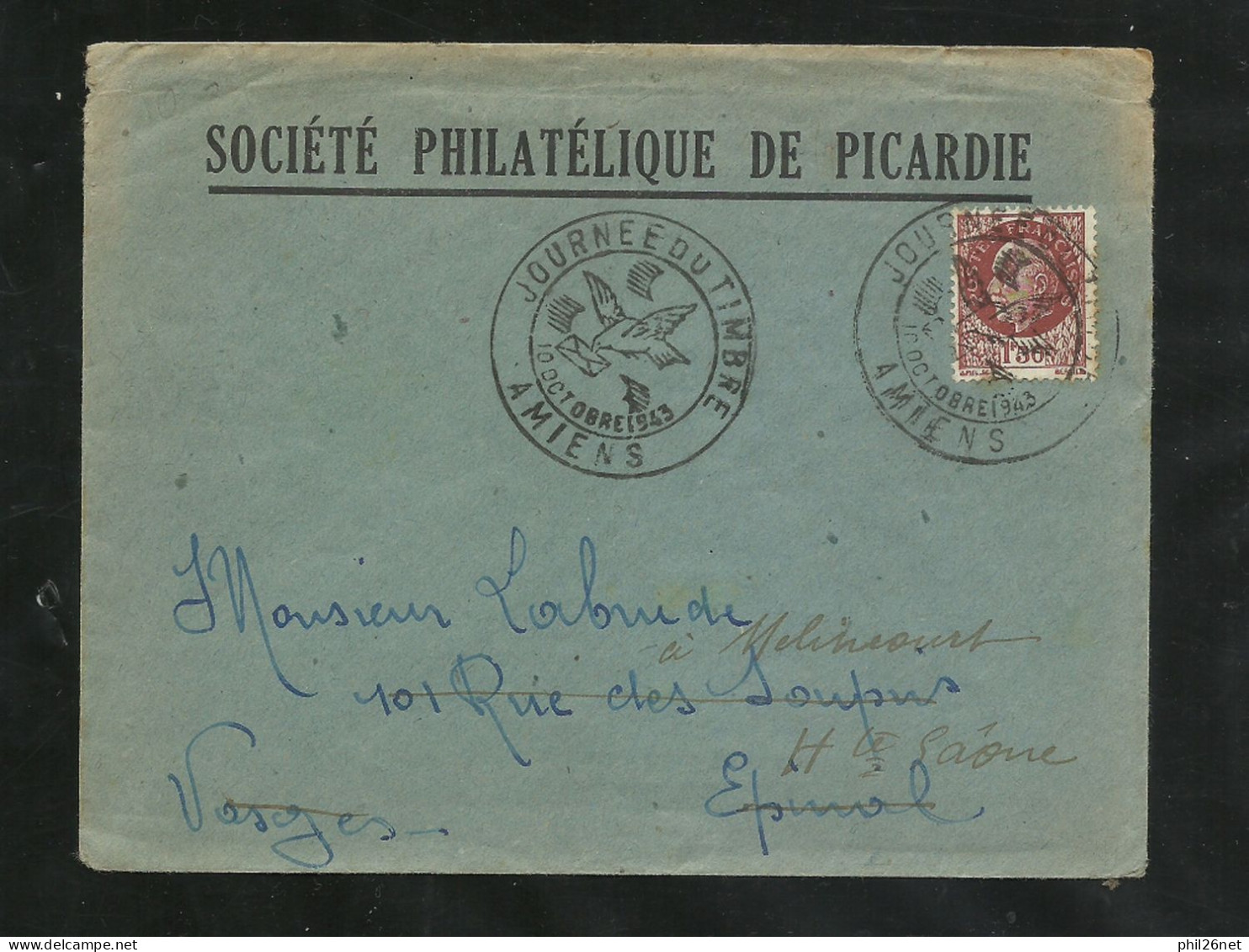 Lettre Société Philatélique De Picardie Amiens 10/10/1943 N° 517 Cachet Illustré Journée Timbre   B/TB Voir Scans  ! ! ! - ....-1949