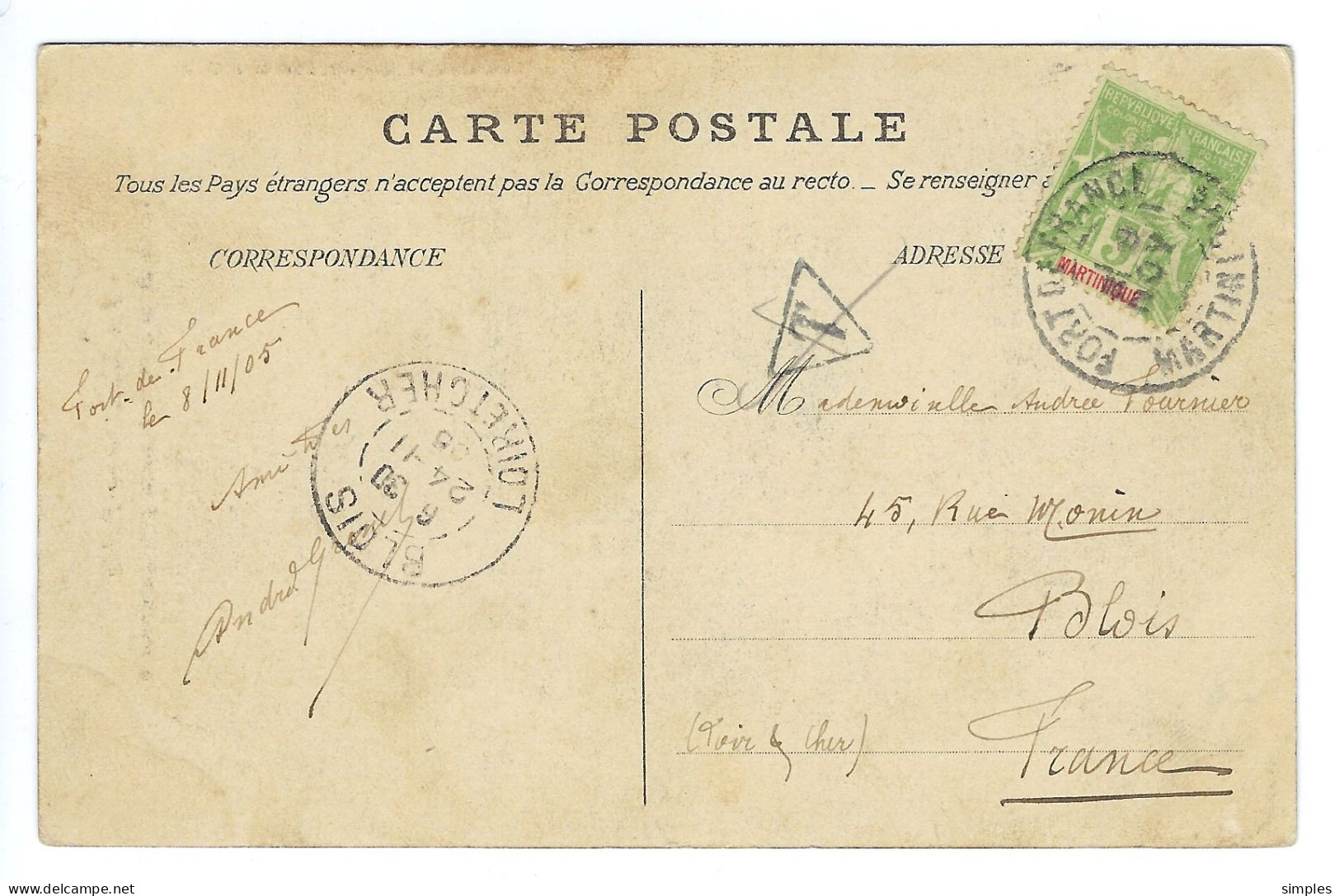 MARTINIQUE (Montagne Pelée) Avec Type Groupe  5 Cent + Taxe Annulée, De Fort De France Pour Blois Du 8/11/1905 - RARE - Lettres & Documents