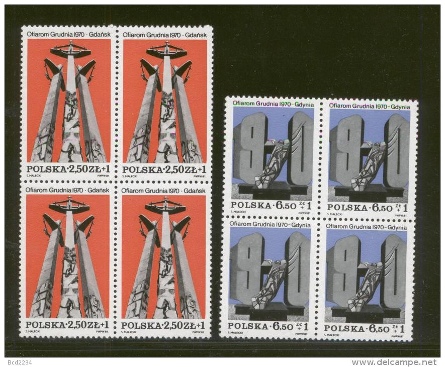 POLAND 1981 SOLIDARITY SOLIDARNOSC MONUMENT TO GDANSK UPRISING SET OF 2 BLOCKS OF 4 NHM - Unused Stamps