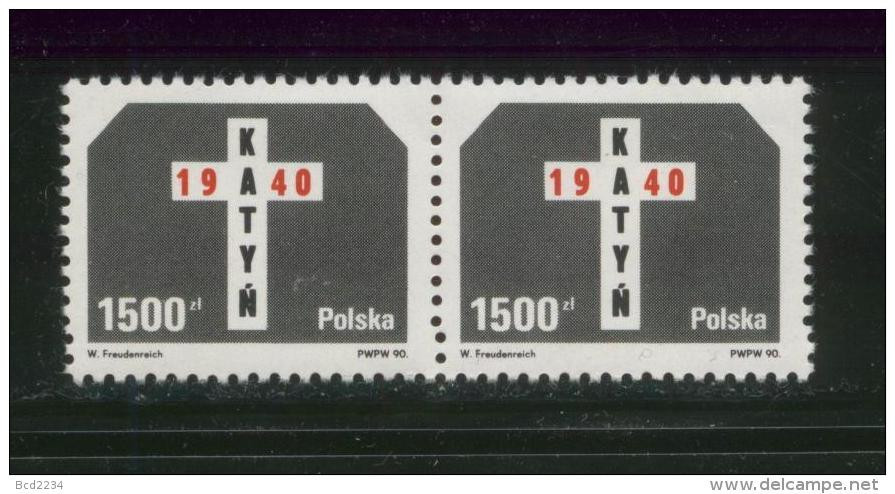 POLAND 1990 50TH ANNIV WW2 MURDER POLISH OFFICERS KATYN FOREST SOVIET NKVD HORIZ PAIR CORNER WORLD WAR 2 ARMY MILITARIA - Unused Stamps