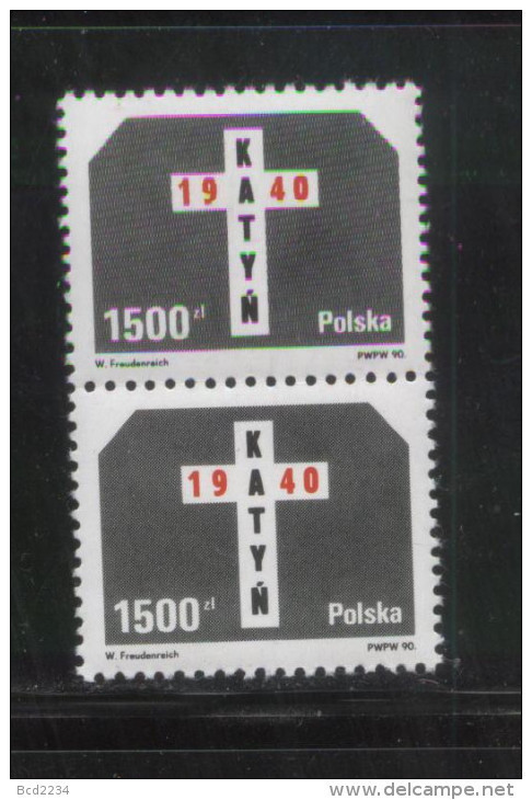 POLAND 1990 50TH ANNIV WW2 MURDER POLISH OFFICERS KATYN FOREST SOVIET NKVD VERT PAIR CORNER WORLD WAR 2 ARMY MILITARIA - Unused Stamps