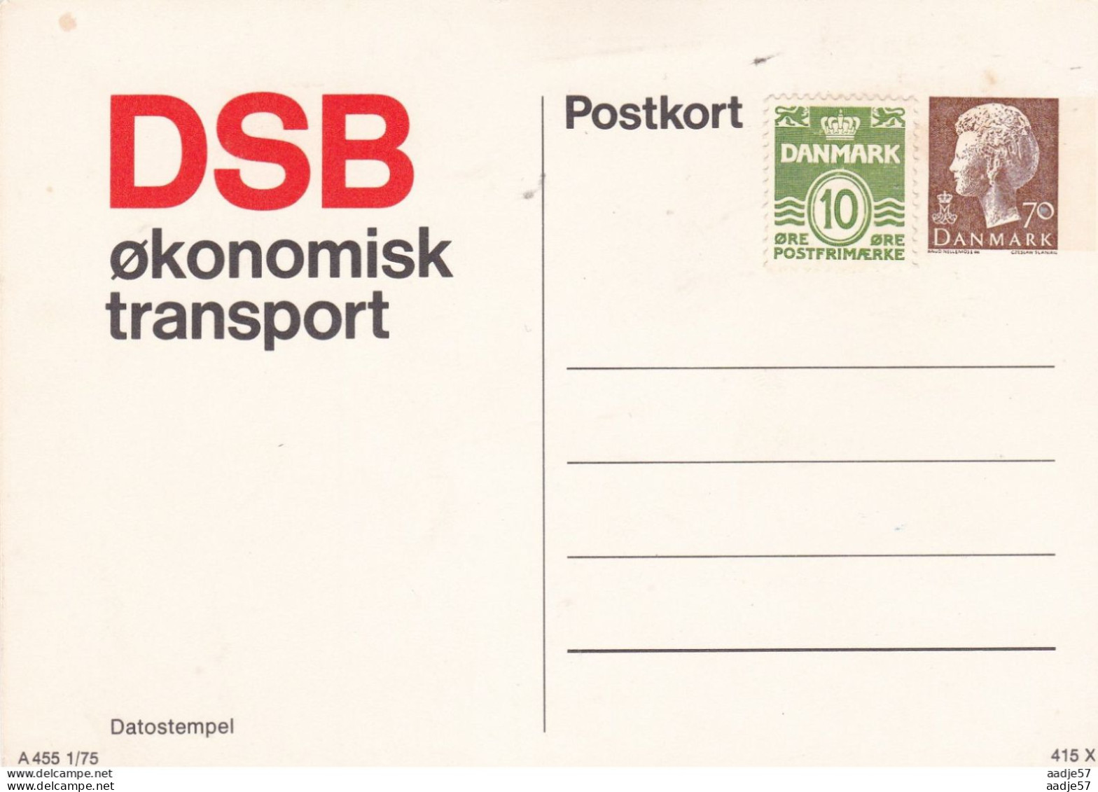 Dänemark DENMARK DSB. BREVKORT. 70 ØRE 1975 Mint - Postwaardestukken