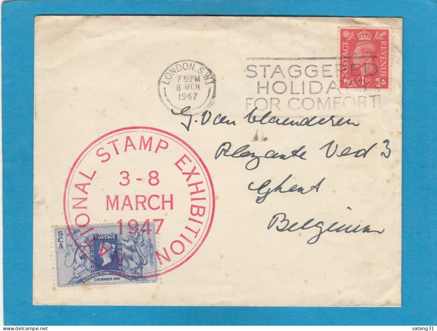 LETTRE DE LONDRES, AVEC VIGNETTE ET CACHET "NATIONAL STAMP EXHIBITION 1947",POUR GAND. - Lettres & Documents