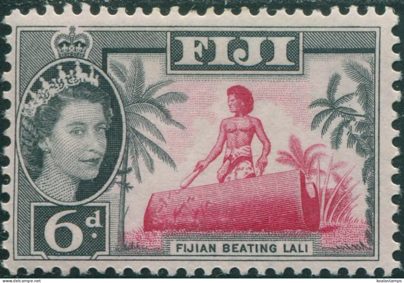 Fiji 1959 SG303 6d Carmine And Black Fijian Beating Lali QEII MNH - Fiji (1970-...)
