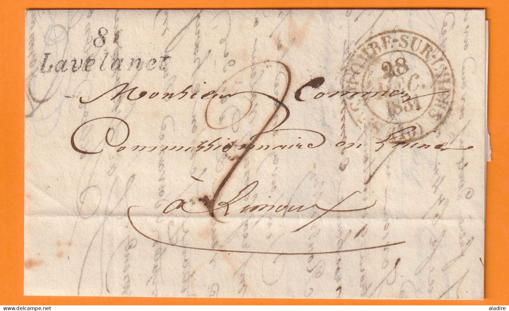 1831 - Cursive 8 LAVELANET, Ariège Sur Lettre  Postée à STE COLOMBE  Vers LIMOUX, Aude - Dateur En Arrivée - Laine - 1801-1848: Voorlopers XIX