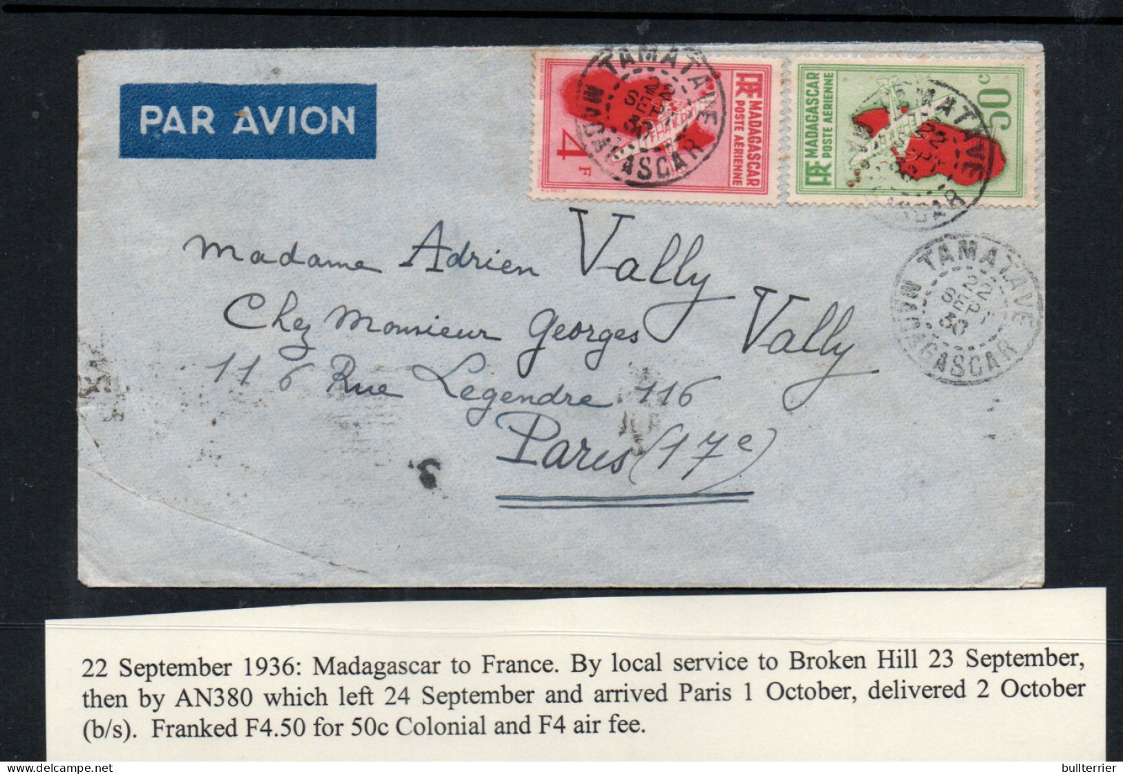 MADAGASCAR - 1936-  AN380 AIRMAIL COVER TO FRANCE WITH BACKSTAMPS - Airmail